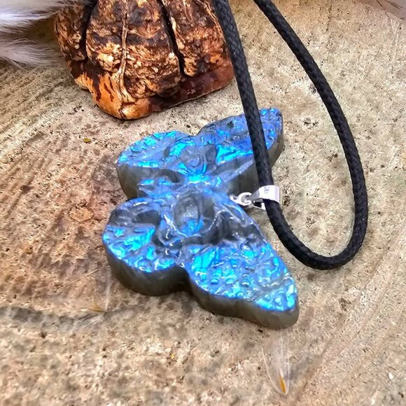 Nature Labradorite Carved Hidden Skull Butterfly Pendant Necklace - Picture 5 of 10